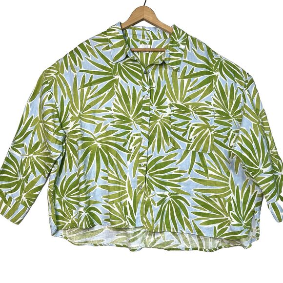 100% Linen Sigrid Olsen Womens Plus Size 3X Tropical Button Up Tunic Palm Resort - Picture 1 of 7